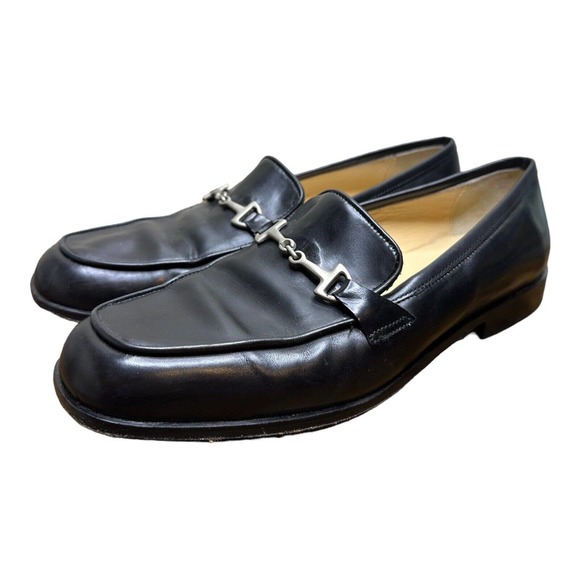 ANN TAYLOR BLACK LEATHER LOAFERS BLOCK HEELS SILVER EQUINE ACCENT 8M Italy - Picture 2 of 9